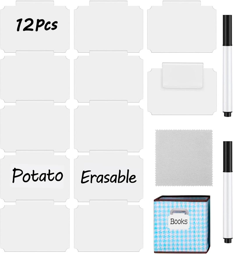 badigo Erasable Label Clips - 12 White PVC Bin Tags with 2 Chalk Markers | Reusable Basket Clips for Pantry, Warehouse & Home Organization, Eco-Friendly Chalkboard Labels - Image 1